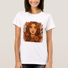 Camiseta Autumn Muse - Mulher com Flores de Queda