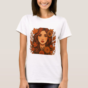 Camiseta Autumn Muse - Mulher com Flores de Queda