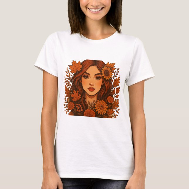 Camiseta Autumn Muse - Mulher com Flores de Queda (Frente)