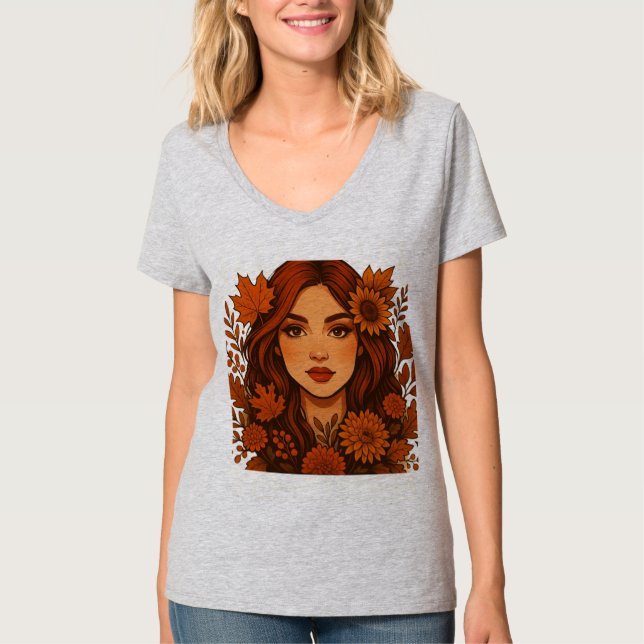 Camiseta Autumn Muse - Mulher com Flores de Queda (Frente)