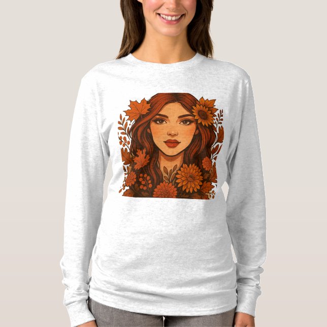 Camiseta Autumn Muse - Mulher com Flores de Queda (Frente)
