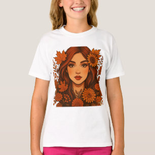 Camiseta Autumn Muse - Mulher com Flores de Queda