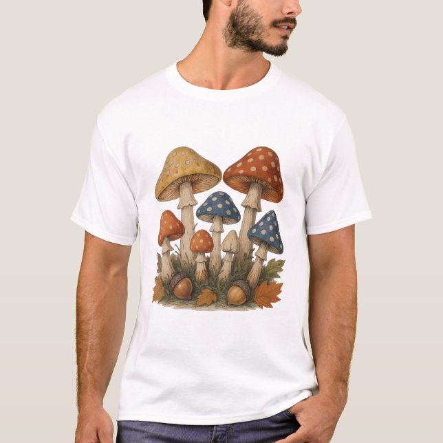 Camiseta Autumn Mushroom Design com Acorns e Folhas (Frente)