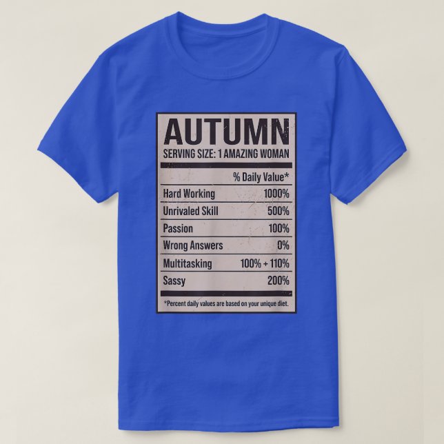 Camiseta Autumn Nutrition Facts Name Nickname Alias Title F (Frente do Design)