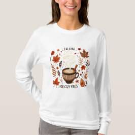 Camiseta Autumn Vibs Café, Folhas e Cozy Queda Estética