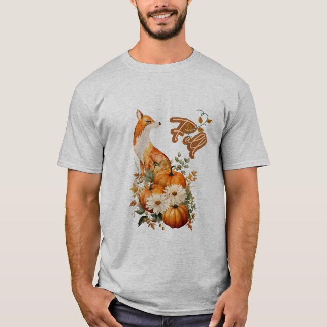 Camiseta Autumn Whimsy: Fox, Pumpkins e Folhagem de Queda (Frente)