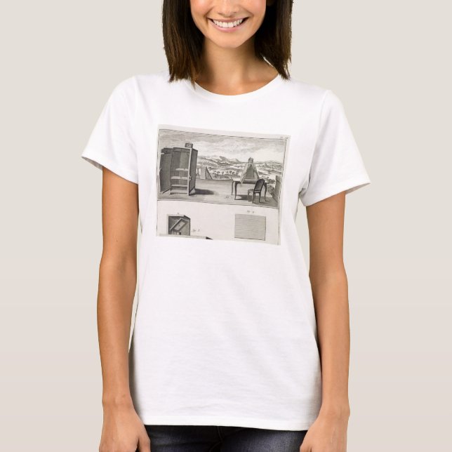 Camiseta Auxiliares de desenho: uma câmera de madeira básic (Frente)