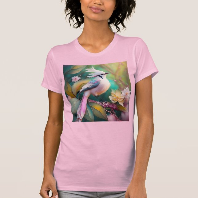 Camiseta Ave de Fantasia Jay com Crista Branca e Cauda Rosa (Frente)