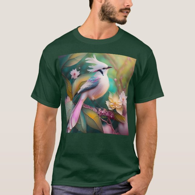 Camiseta Ave de Fantasia Jay com Crista Branca e Cauda Rosa (Frente)