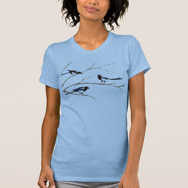 Camiseta Ave de Jardim da Família de Magpie de Aquarela (Frente)