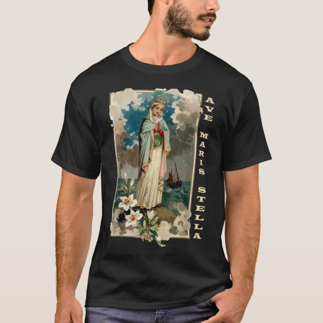 Camiseta Ave Maris Stella Lady Abençoada Mãe Mary Latino Ca (Frente)