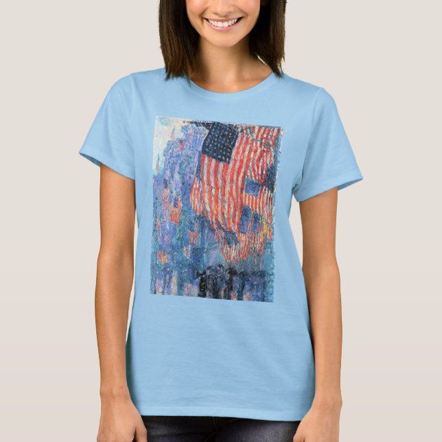 Camiseta Avenida na Chuva por Frederick Childe Hassam (Frente)