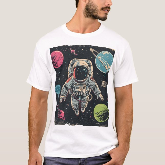 Camiseta Aventura Cósmica: Astronauta no Espaço Colorido (Frente)