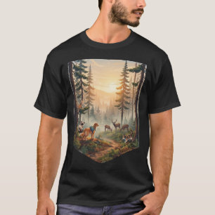 Camiseta Aventura de Animais da Floresta ao Pôr do Sol