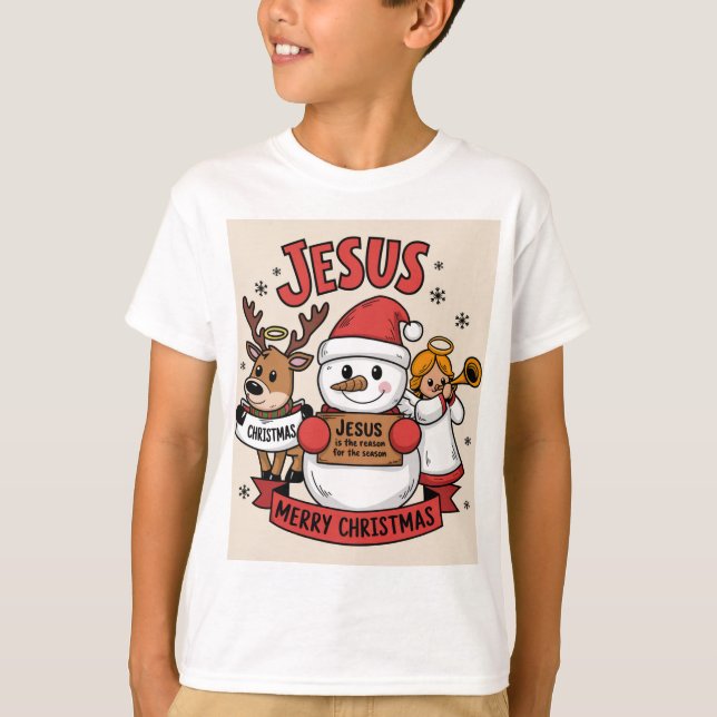 Camiseta Aventura de Fé de Natal: Snowman, Reindeer (Frente)