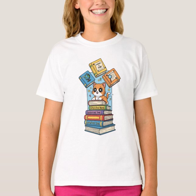Camiseta Aventura de Leitura da Gatinha de Contos de Fadas  (Frente)