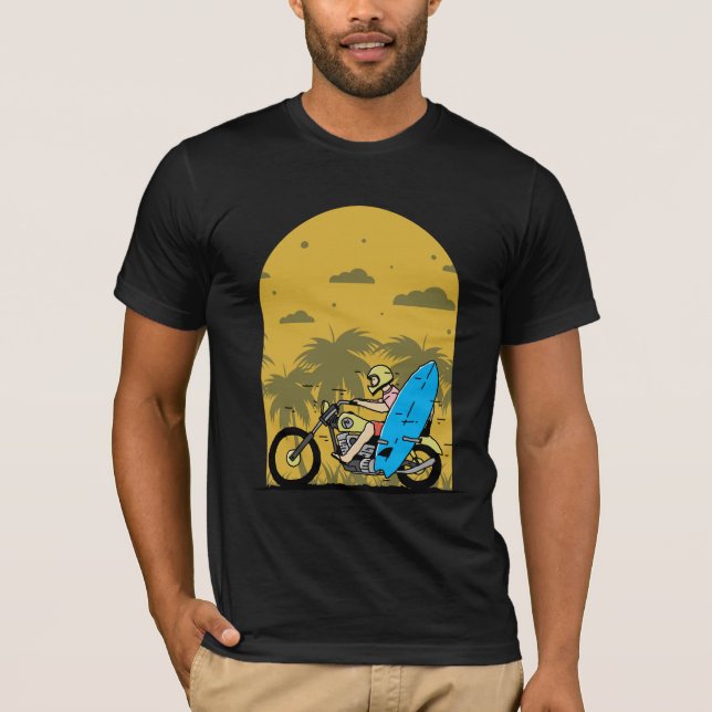 Camiseta Aventura de Motocicleta Surfista na Praia (Frente)