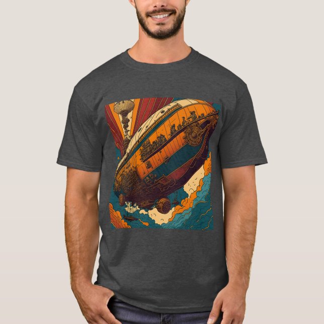 Camiseta Aventura em Dirigível Steampunk Vintage (Frente)