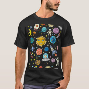 Camiseta Aventura espacial: planetas, padrões de foguetes.