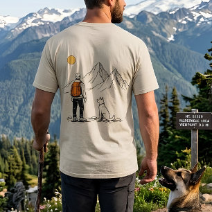 Camiseta Aventura Minimalista de Montanha com Cão e Mochile