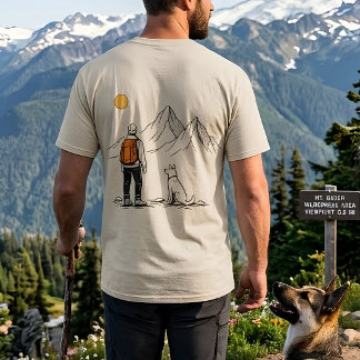 Camiseta Aventura Minimalista de Montanha com Cão e Mochile