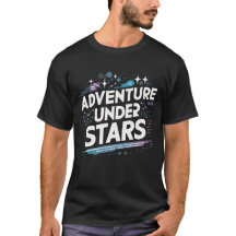 Aventura sob estrelas design num T-Shirt preto