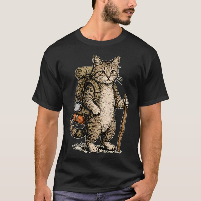 Camiseta Aventura Vintage de Caminhada Gato Acampamento Moc (Frente)