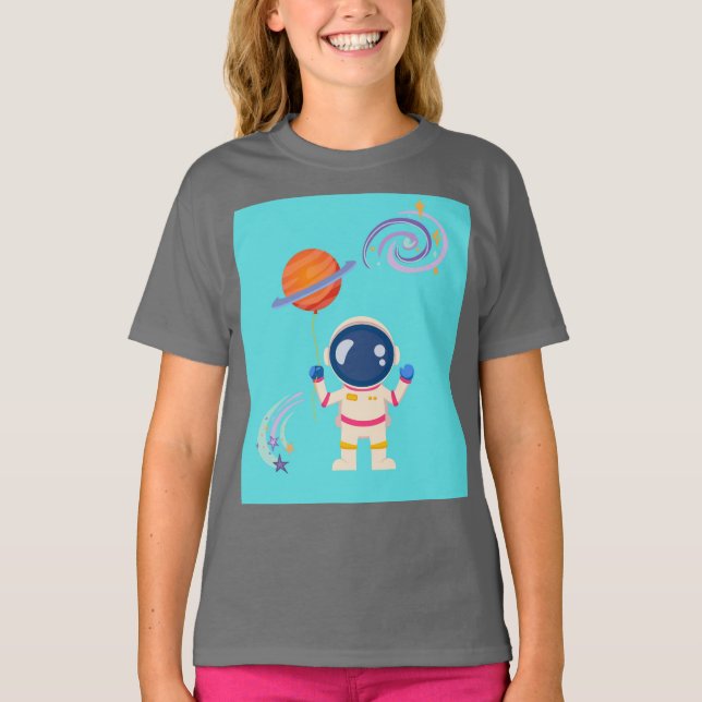 Camiseta Aventuras de desenho animado espacial. (Frente)