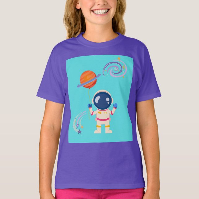 Camiseta Aventuras de desenho animado espacial. (Frente)