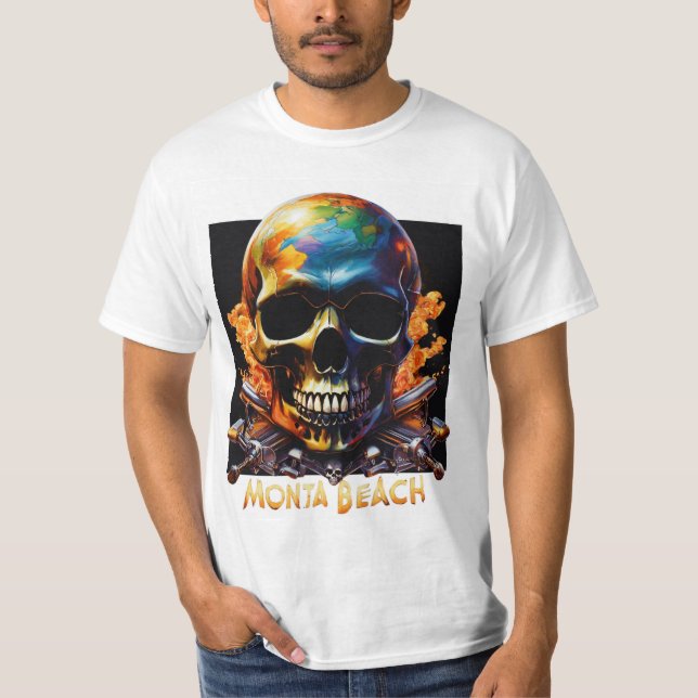 Camiseta Aventuras de Skeleton na praia de Monta (Frente)
