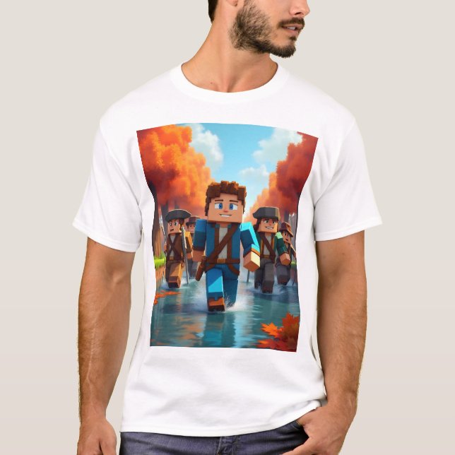 Camiseta Aventureiros da Minecraft explorando um riacho (Frente)
