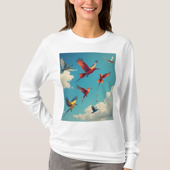 Camiseta Aves coloridas num céu azul (Frente)