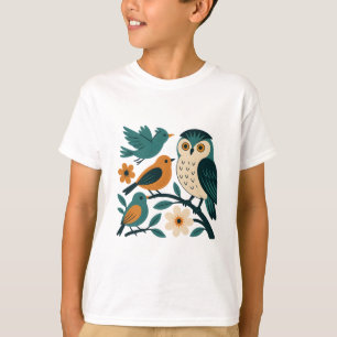 Camiseta Aves da Floresta Whimsical - Coruja e Canaviais Mo