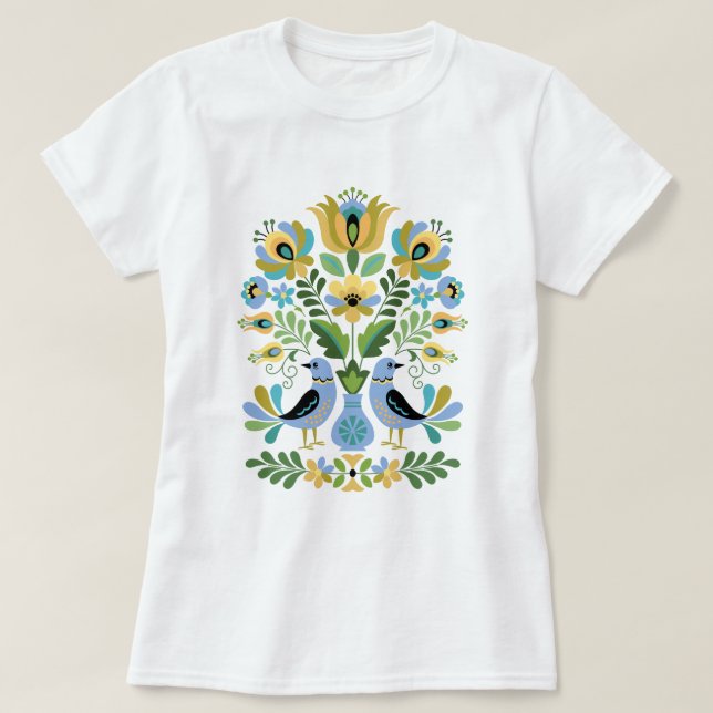 Camiseta Aves de Arte Familiares Húngaras em Azul e Dourado (Frente do Design)