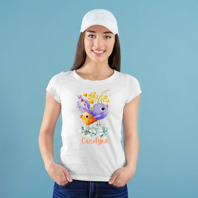 Camiseta Aves de Cama Roxo e Flores de Aquarela Laranja (Criador carregado)