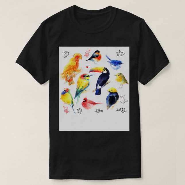 Camiseta Aves de Cores de Água (Frente do Design)
