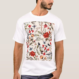 Camiseta Aves e Flores: Design Floral sem costura