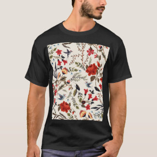 Camiseta Aves e Flores: Design Floral sem costura
