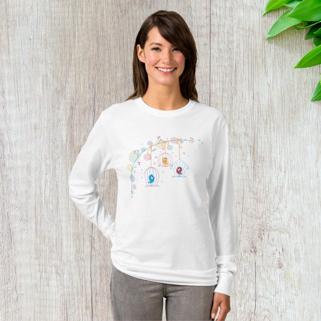 Camiseta Aves Em Gaiolas Mulheres De Longa Capa (Criador carregado)