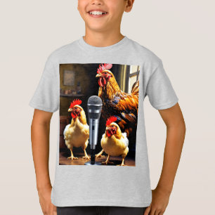 Camiseta Aves em Sessão – Galinhas com Microfone e Gravador