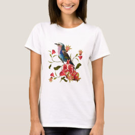 Camiseta Aves exóticas, flores, romã.