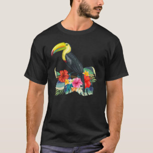 Camiseta Aves exóticas, toucano, flores tropicais, folhas
