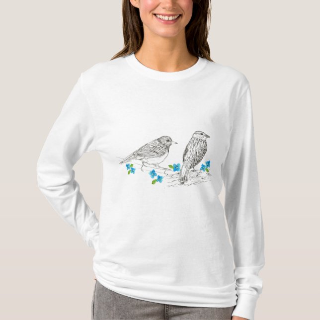 Camiseta Aves Flores Azuis Natureza Desenho T-Shirt (Frente)