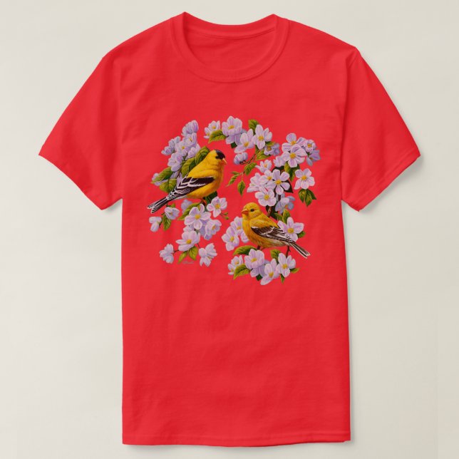 Camiseta Aves Goldfinch e Flores de Flor de Maçã (Frente do Design)