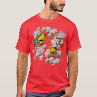 Camiseta Aves Goldfinch e Flores de Flor de Maçã