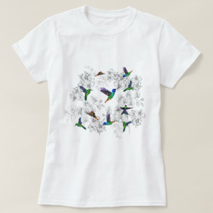Camiseta Aves-humanos voadoras nas flores das orquídeas - 