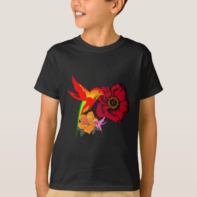 Camiseta Aves Hummingbird Alimentando-se de Flores Arte Grá (Frente)