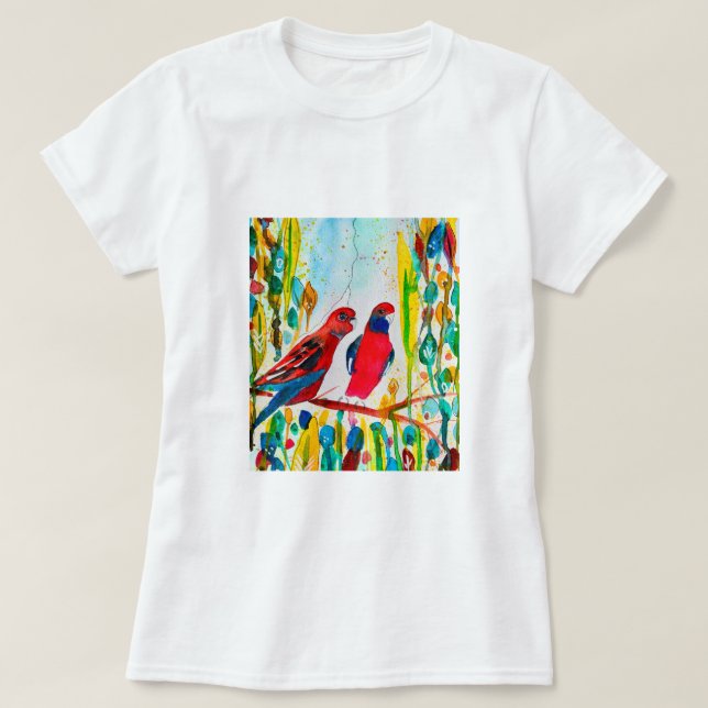 Camiseta Aves rosella na arte aquática das árvores (Frente do Design)