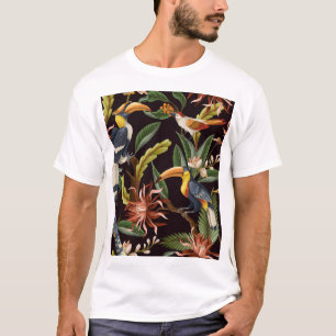 Camiseta Aves Tropicais: Folhas Vintage e Flores