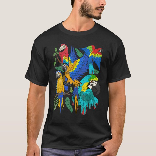 Camiseta Aves Tropicais Vendo Macaw Exótico Selvagem Animal (Frente)